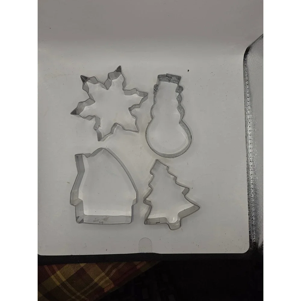Vintage Silver Metal Holiday Cookie Cutter Set Snowflake Snowman Tree House 4pc
